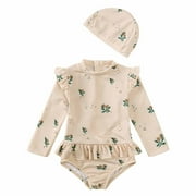 Odeerbi Infant Girls Long Sleeve Rash Guard UV Protection One Piece Swimsuits Quick Dry Zipper Surfing Bathing Suit Baby Boys Children's Printed Swimwear with Hat Beige